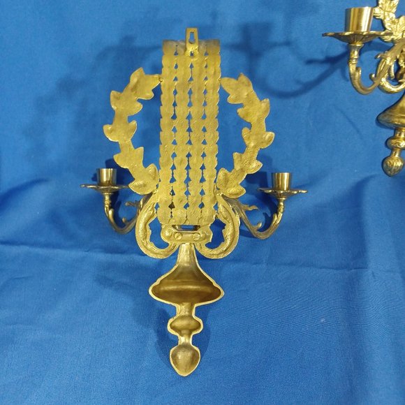 Vtg Gold Brass Wall Sconces 2 Arm Candelabra Mid Century Laurel Acanthus Leaves - Picture 8 of 9